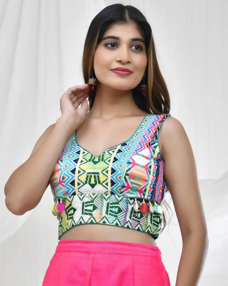 Amodini Designer Studio Vibrant Geometric Print Jacquard Green Blouse for Women