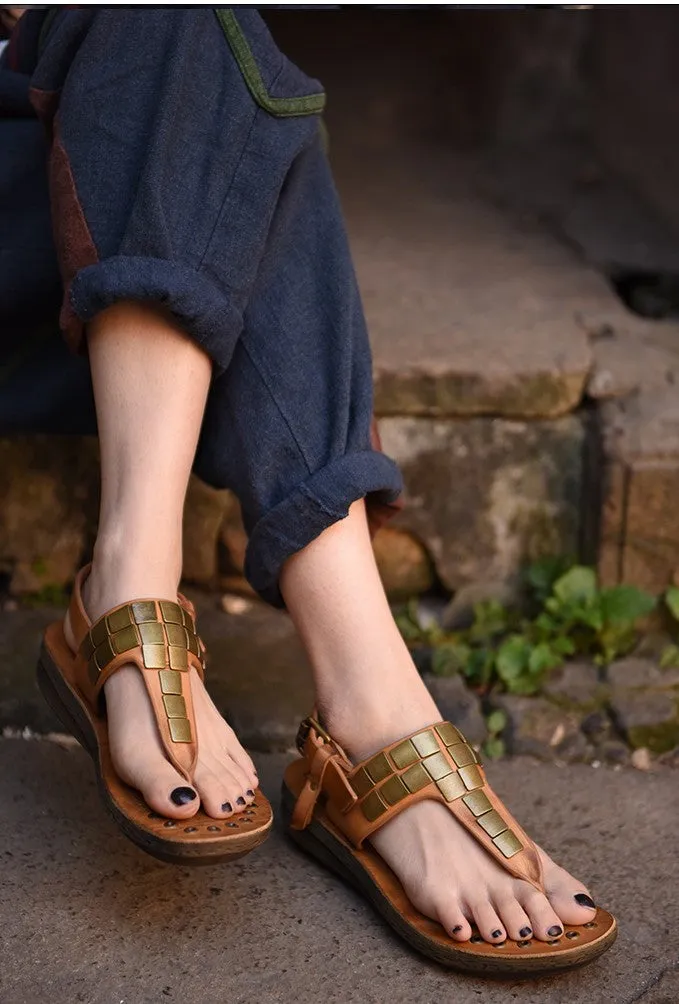 ARTMU EMBELLISHED TOE POST SANDALS IN GREEN AND BROWN