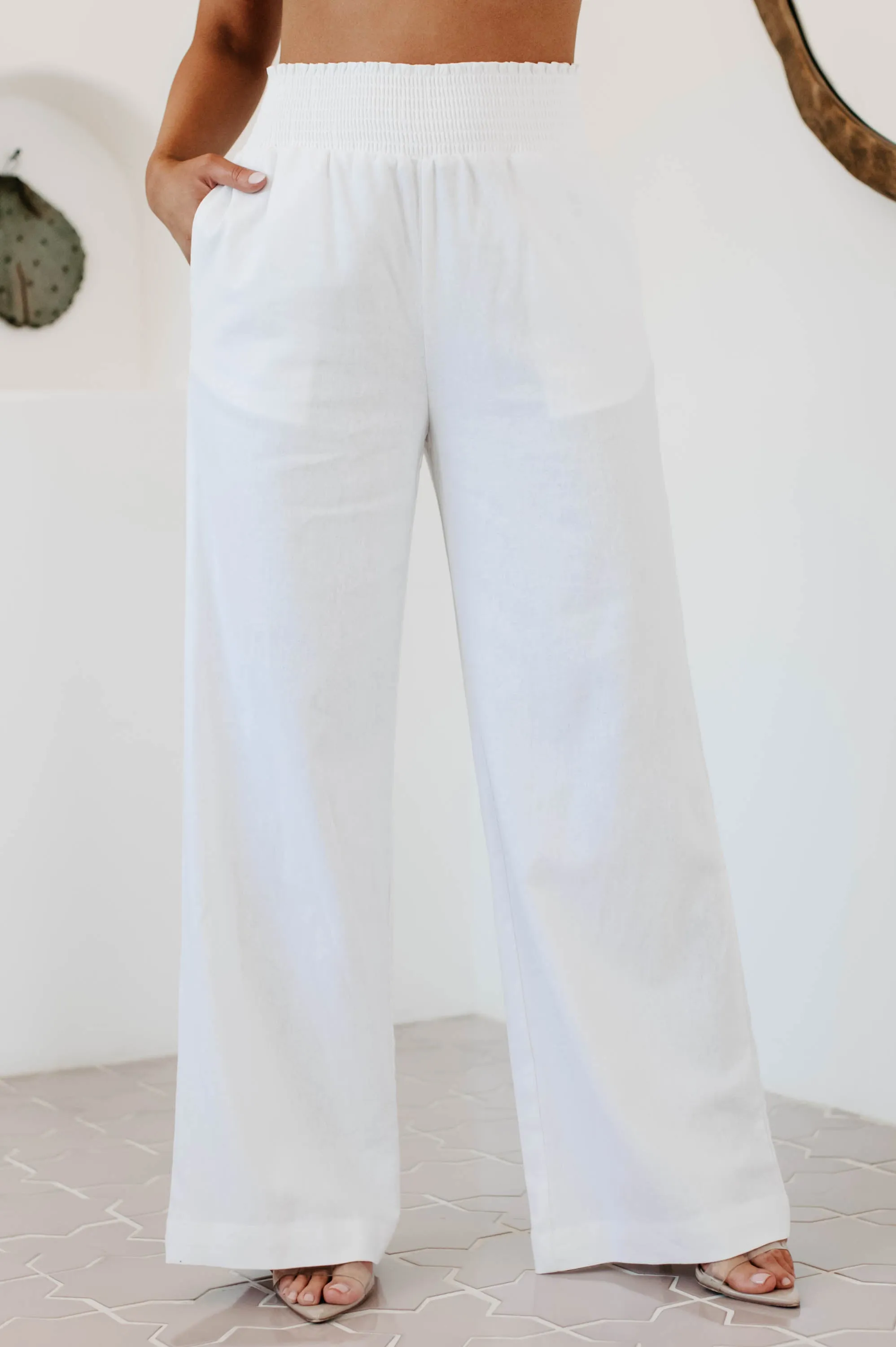 Boat Ready Smocked Wide Leg Linen Pants (White)