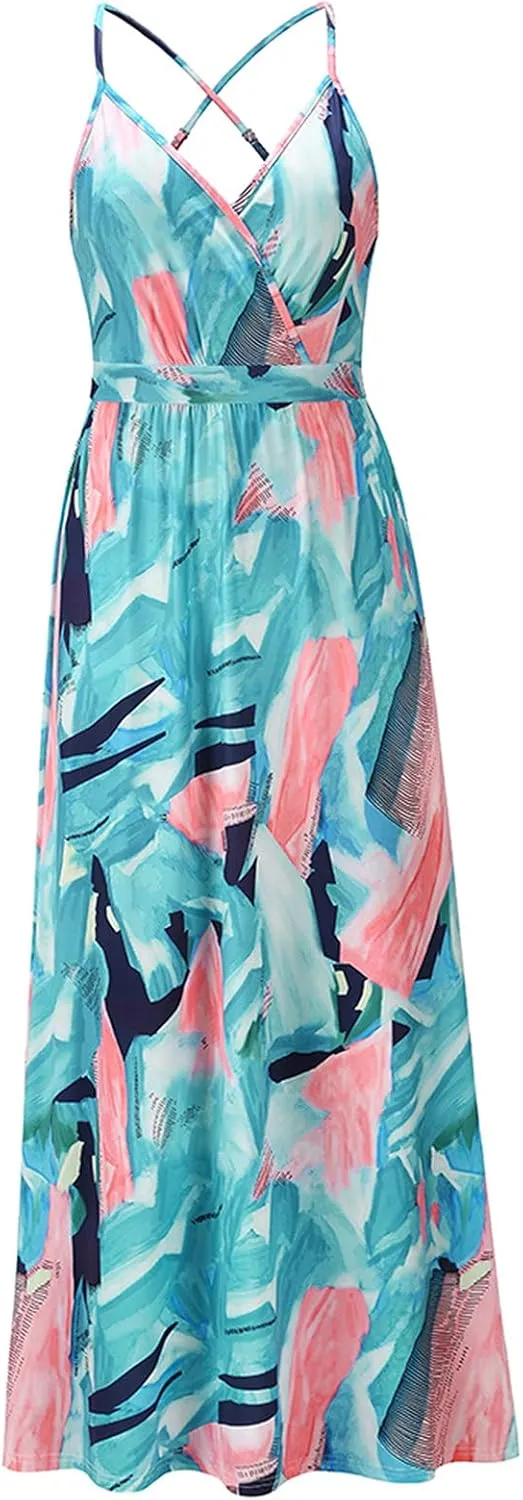 Boho Dresses for Women 2024 Floral Print V Neck Maxi Dress Spaghetti Strap Empire Waist Beach Dress Summer Dresses