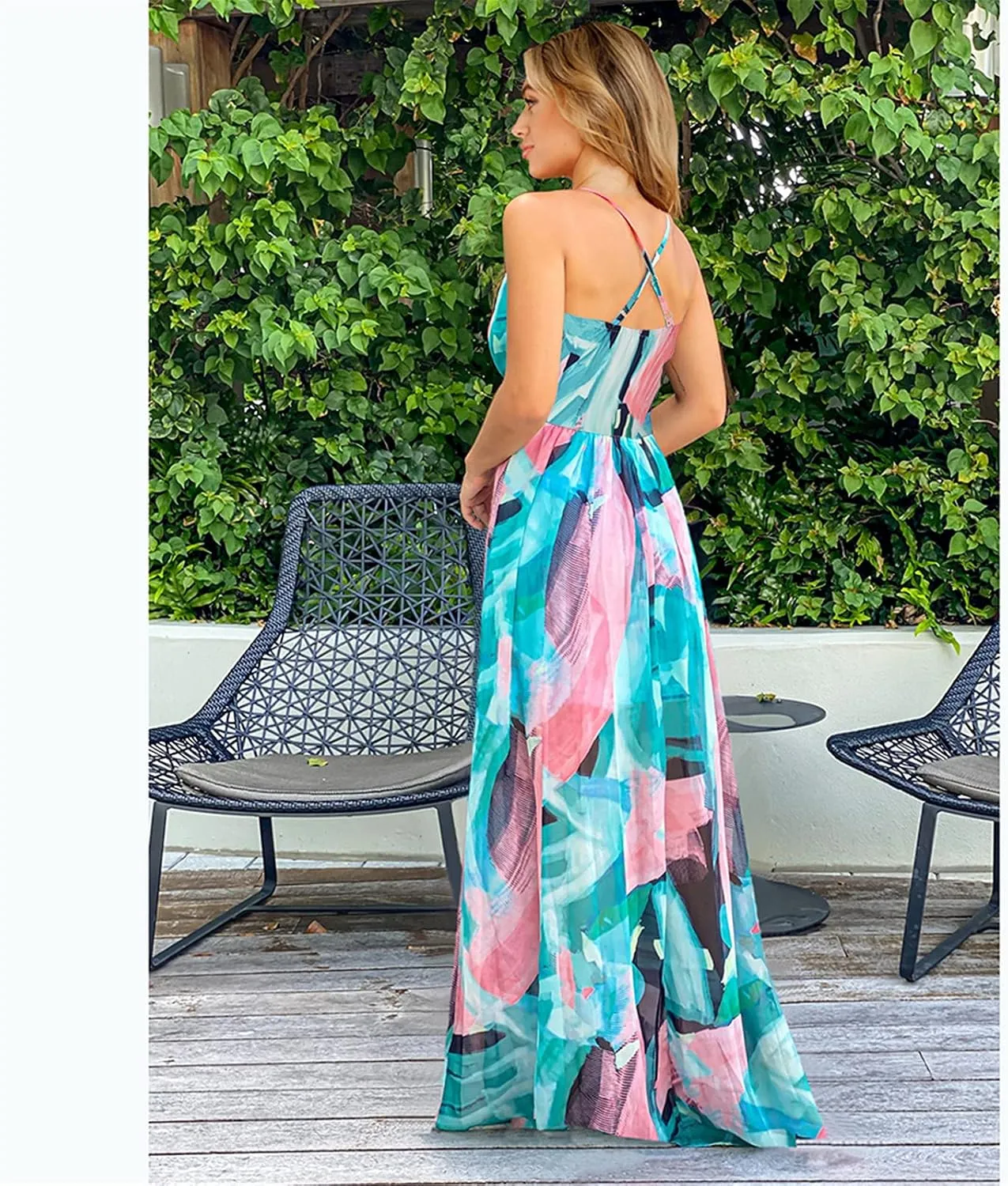 Boho Dresses for Women 2024 Floral Print V Neck Maxi Dress Spaghetti Strap Empire Waist Beach Dress Summer Dresses