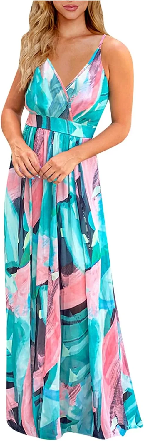Boho Dresses for Women 2024 Floral Print V Neck Maxi Dress Spaghetti Strap Empire Waist Beach Dress Summer Dresses