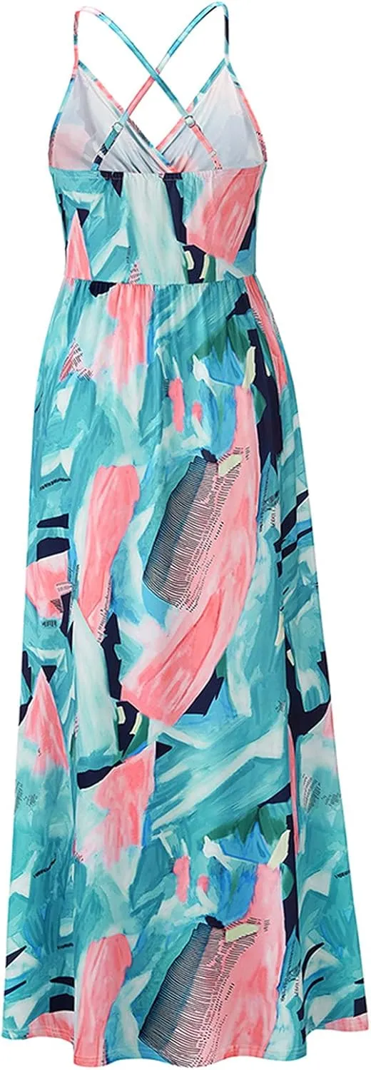 Boho Dresses for Women 2024 Floral Print V Neck Maxi Dress Spaghetti Strap Empire Waist Beach Dress Summer Dresses