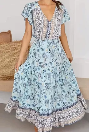 Boho Maxi Dress - Bohemian Dress – Addison in Green and Pink, Flowy Summer Sundress