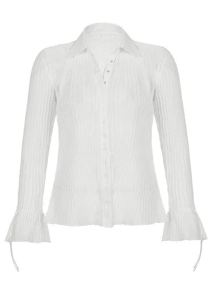 Bonnyshow Semi Sheer Long Sleeve Pleated Blouse