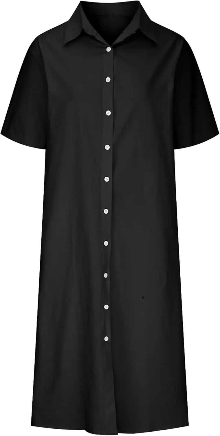 Button Down Dress for Women Cotton Linen Long T Shirt Dresses Casual Short Sleeve Midi Sundress Summer Beach Coverups