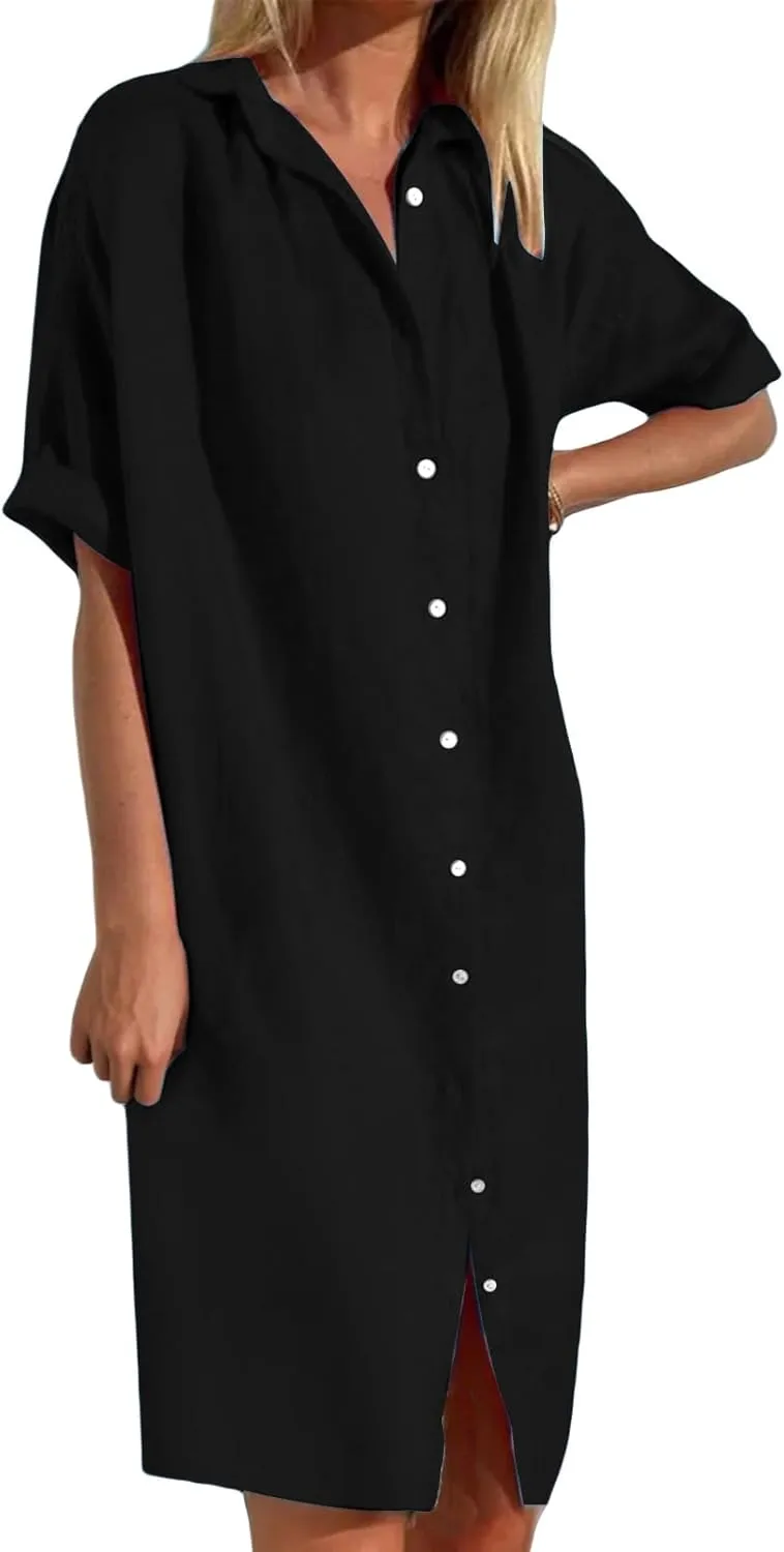 Button Down Dress for Women Cotton Linen Long T Shirt Dresses Casual Short Sleeve Midi Sundress Summer Beach Coverups
