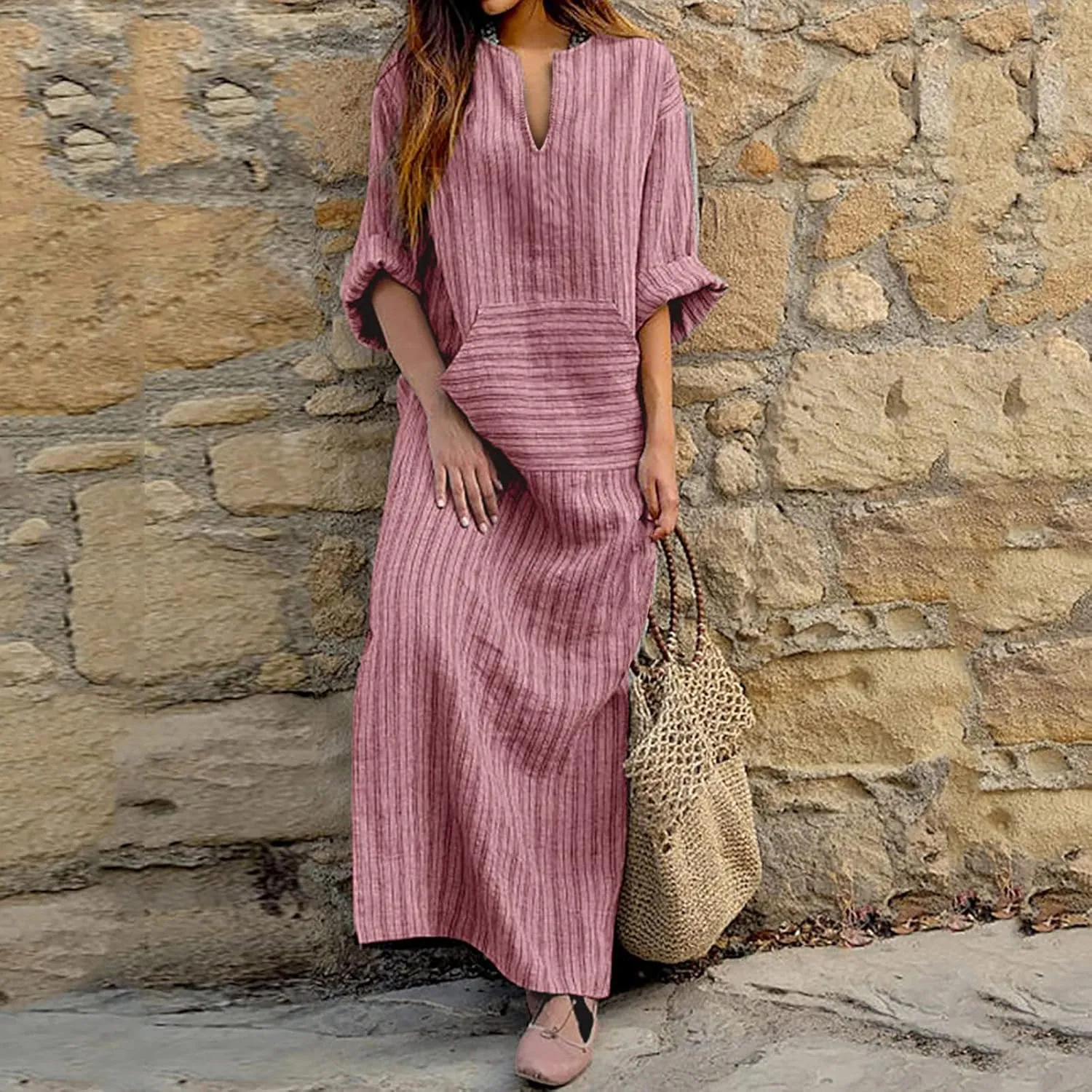 Casual Dresses for Women Cotton Linen Striped Maxi Dress with Pockets V Neck Half Sleeve Long Dress Summer Dresses