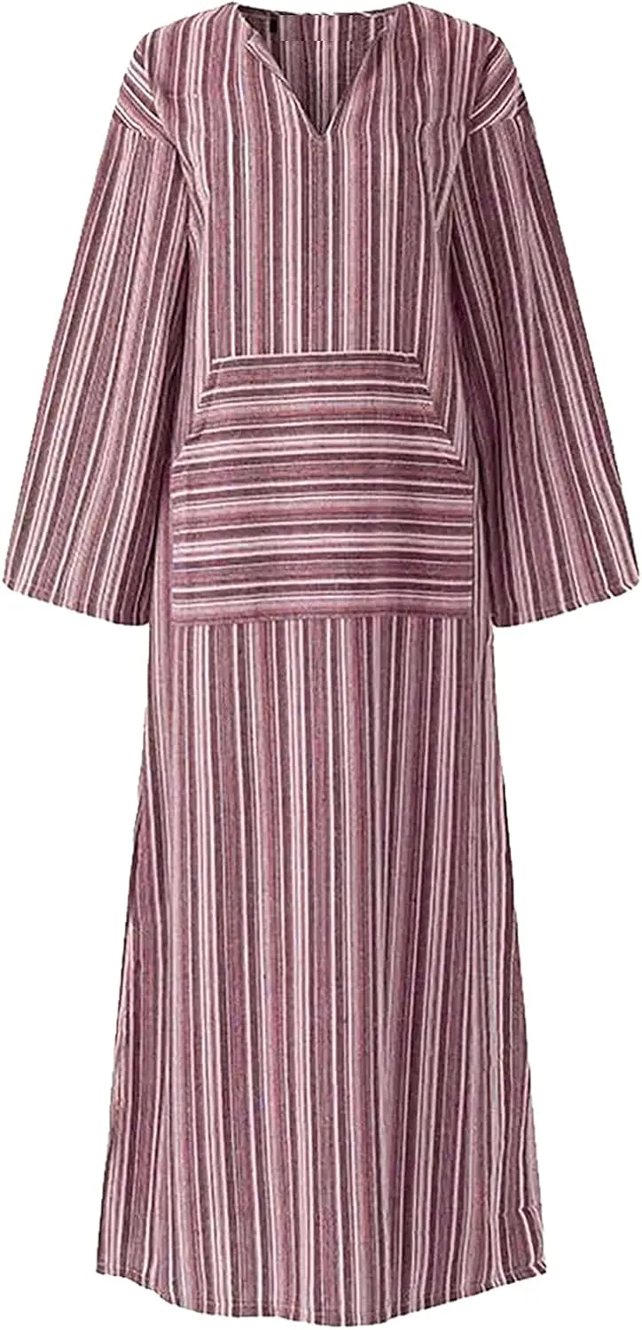 Casual Dresses for Women Cotton Linen Striped Maxi Dress with Pockets V Neck Half Sleeve Long Dress Summer Dresses