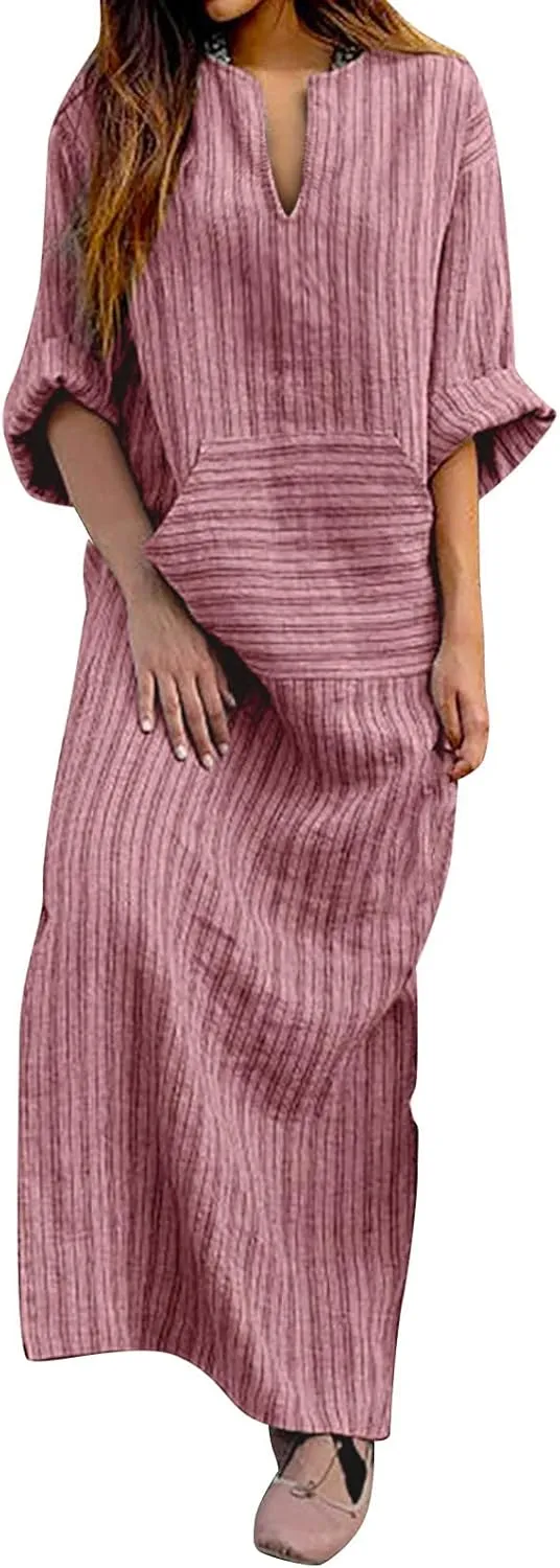 Casual Dresses for Women Cotton Linen Striped Maxi Dress with Pockets V Neck Half Sleeve Long Dress Summer Dresses
