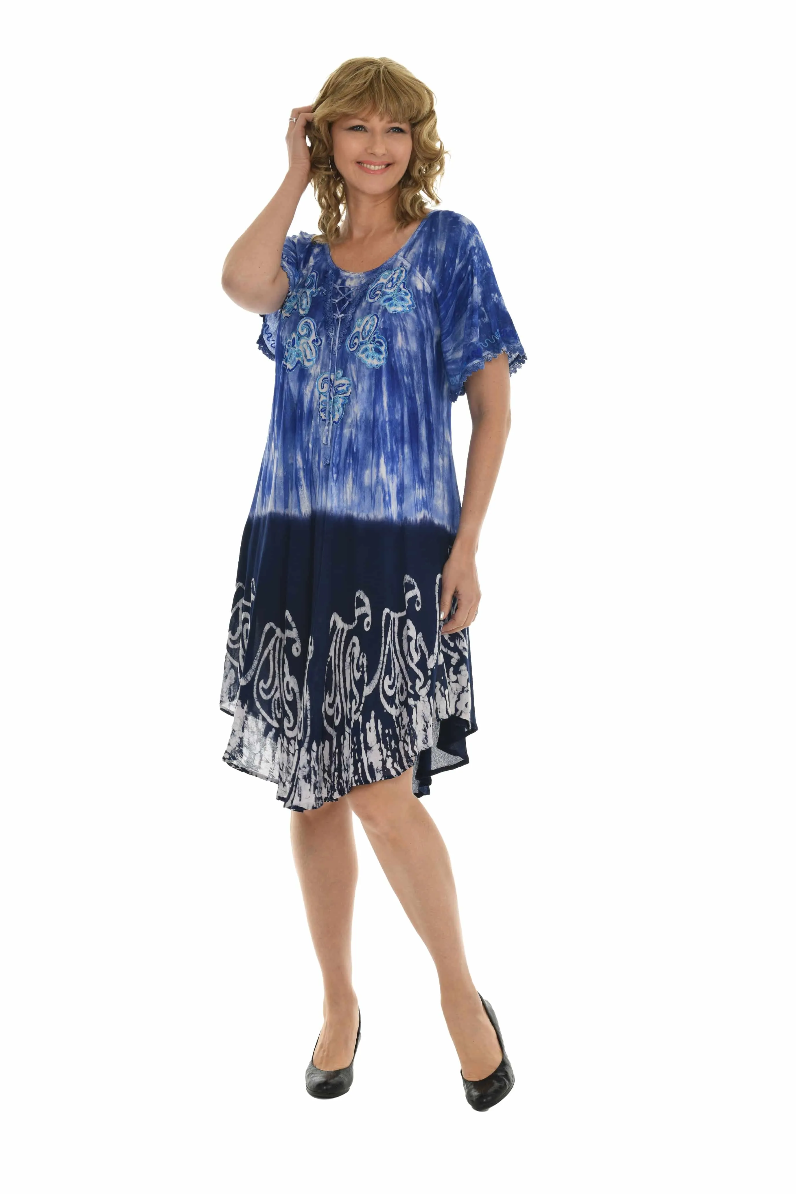 Casual Lace Short Sleeve Tie Dye Corset Loose Midi Length Dress