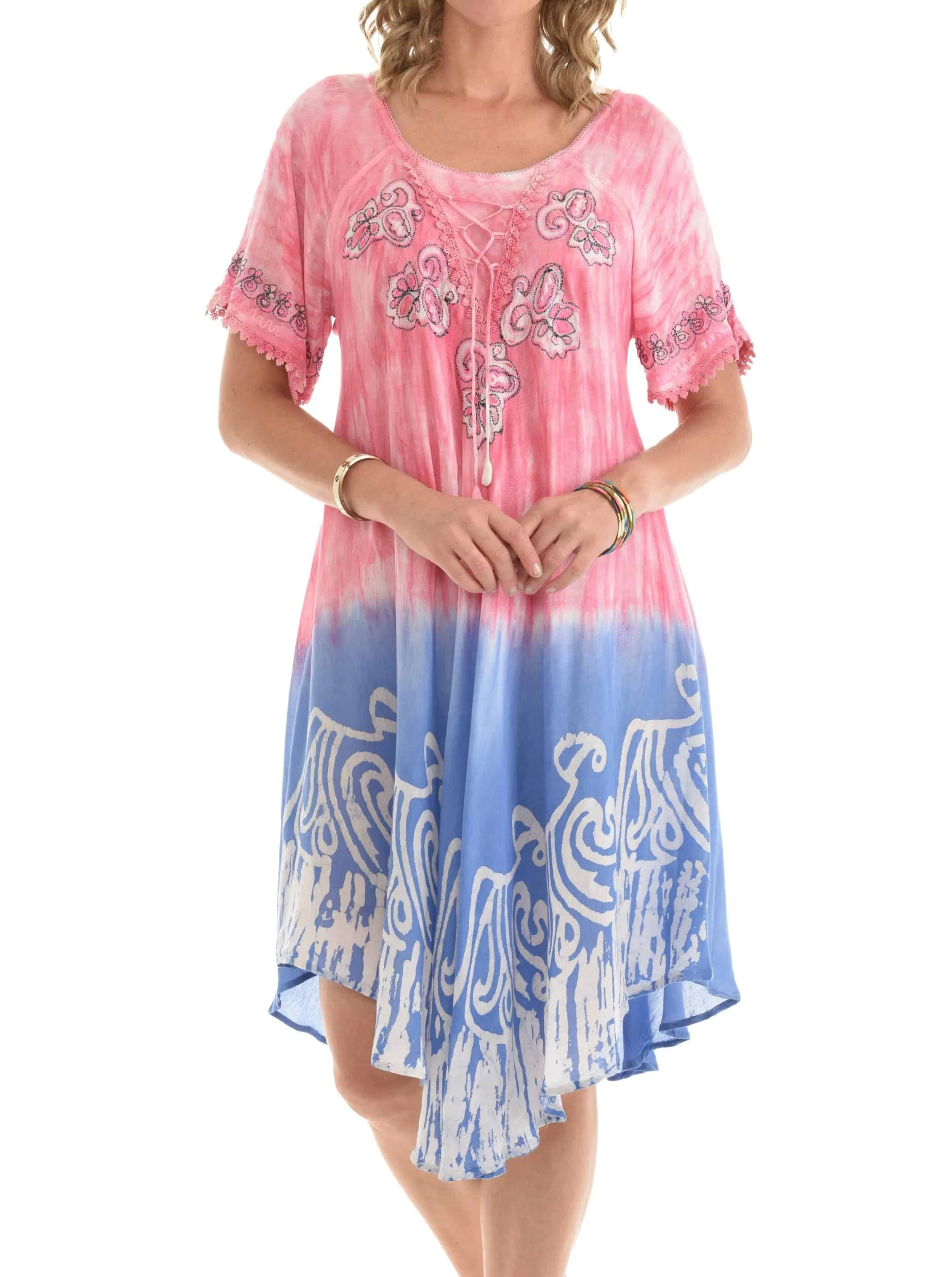 Casual Lace Short Sleeve Tie Dye Corset Loose Midi Length Dress