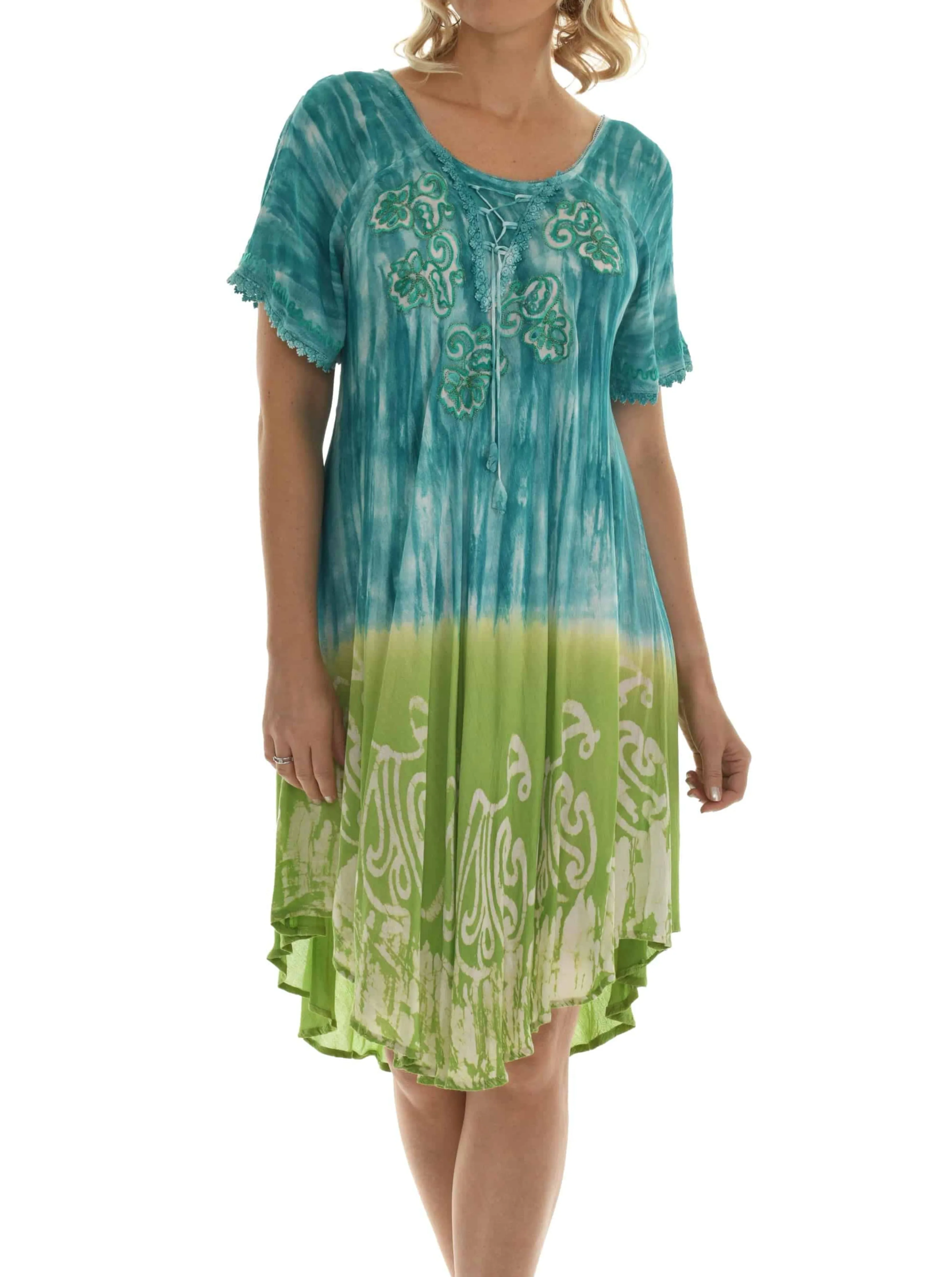 Casual Lace Short Sleeve Tie Dye Corset Loose Midi Length Dress