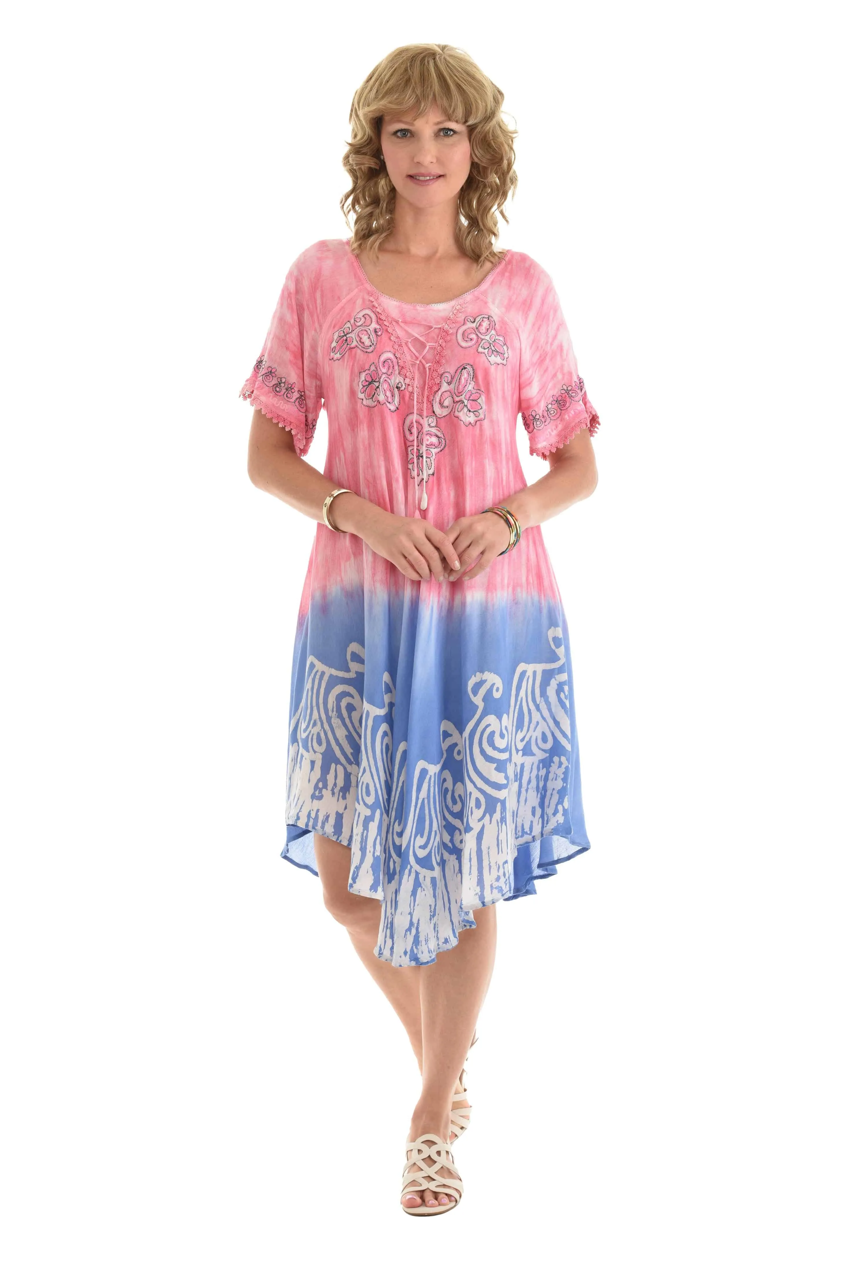 Casual Lace Short Sleeve Tie Dye Corset Loose Midi Length Dress