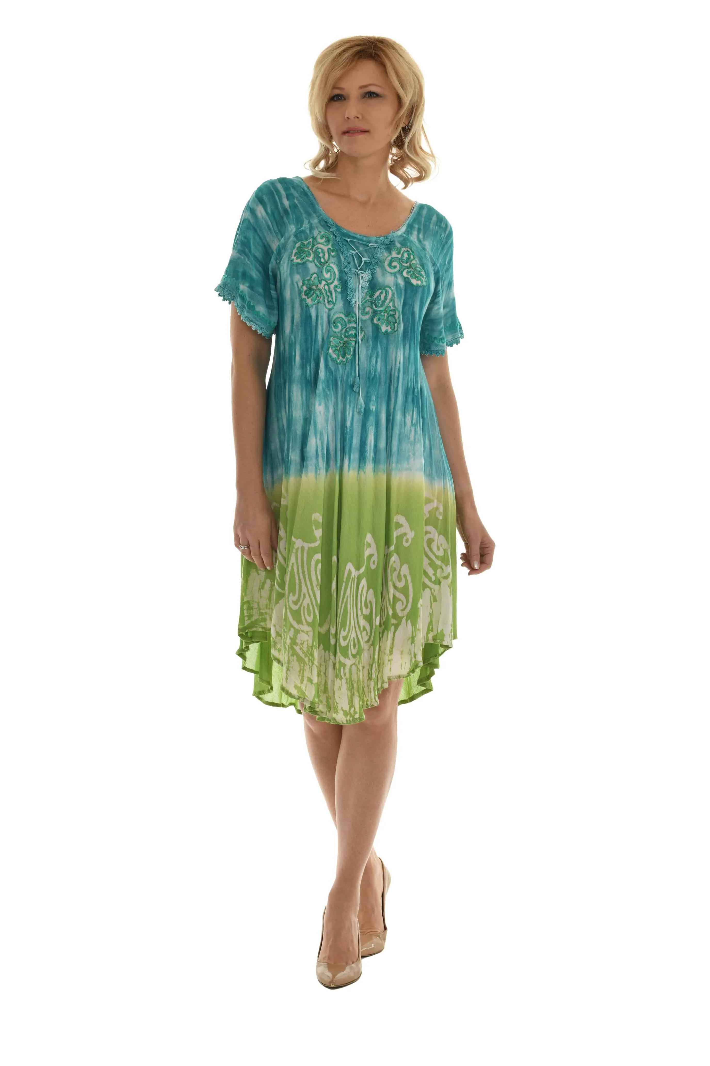 Casual Lace Short Sleeve Tie Dye Corset Loose Midi Length Dress