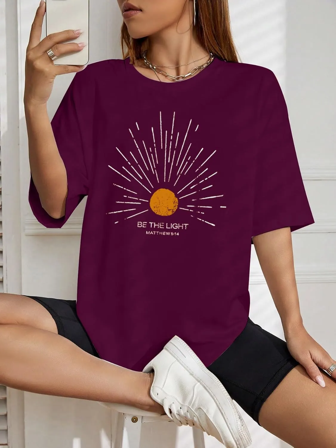 Christian Oversized Shirts Woman Be The Light Jesus Faith Bible Verse Tshirt Casual Christians Inspirational Tee Top