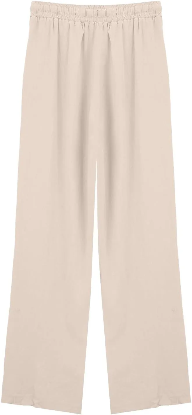 Cotton Linen Pants for Women 2025 Solid Color Button Pants Baggy Elastic Waist Straight Leg Trousers with Pocket