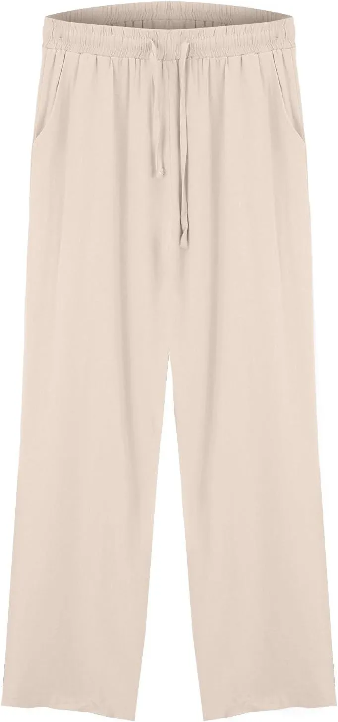Cotton Linen Pants for Women 2025 Solid Color Button Pants Baggy Elastic Waist Straight Leg Trousers with Pocket