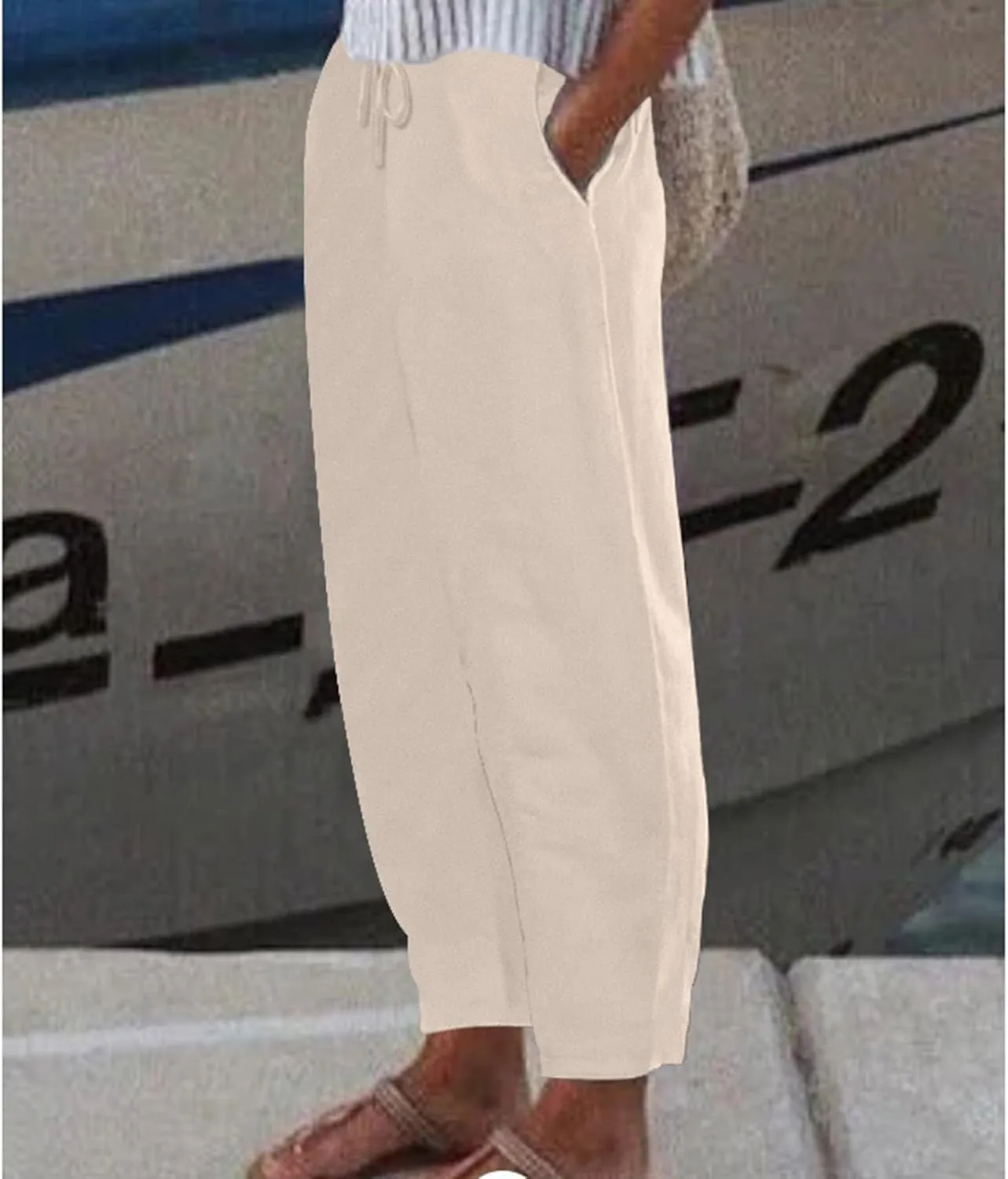 Cotton Linen Pants for Women 2025 Solid Color Button Pants Baggy Elastic Waist Straight Leg Trousers with Pocket