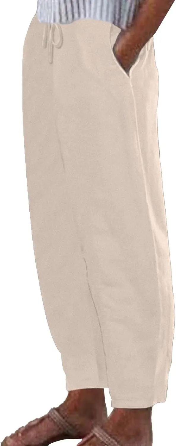 Cotton Linen Pants for Women 2025 Solid Color Button Pants Baggy Elastic Waist Straight Leg Trousers with Pocket