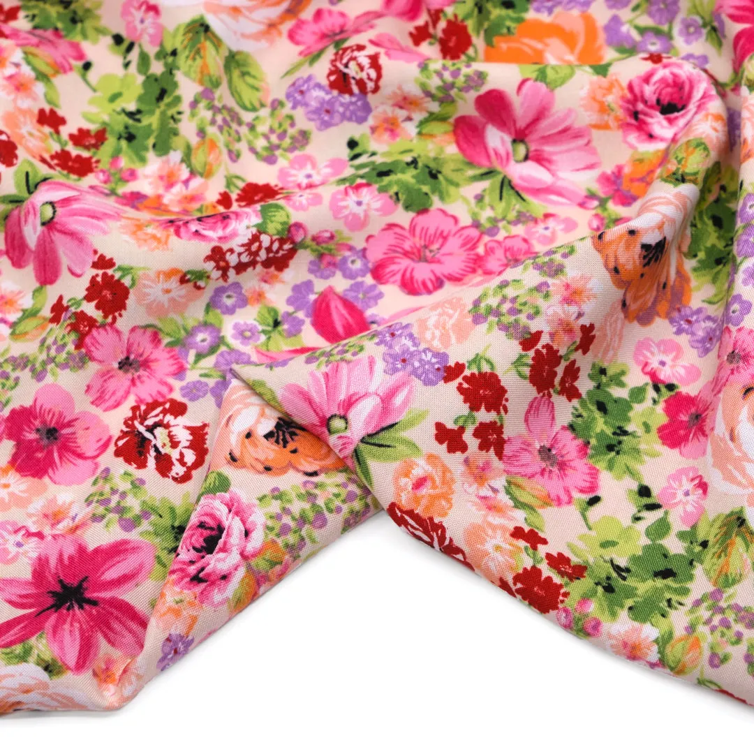 Countryside Blooms Rayon Challis - Cream/Pink/Grass