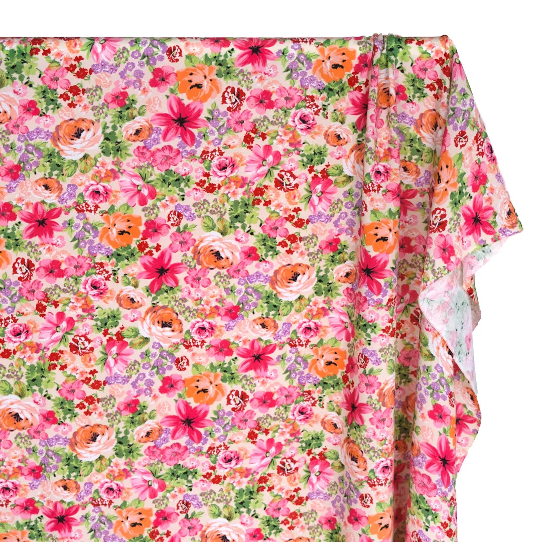 Countryside Blooms Rayon Challis - Cream/Pink/Grass