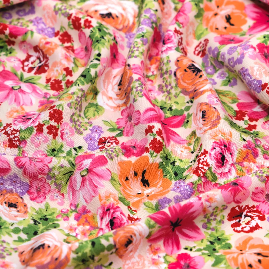 Countryside Blooms Rayon Challis - Cream/Pink/Grass