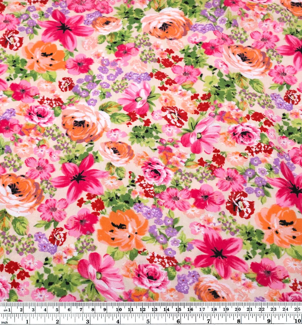 Countryside Blooms Rayon Challis - Cream/Pink/Grass