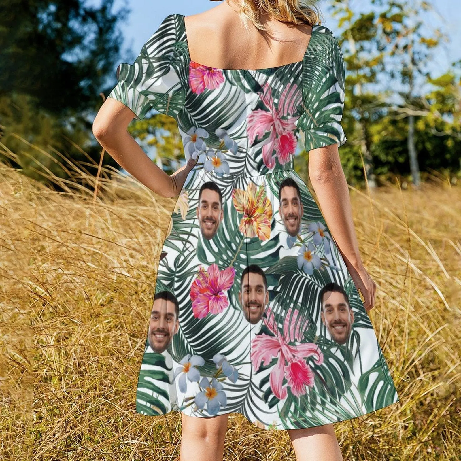 Custom Face Colorful Flowers Summer Short Sleeves Elastic Straps Dress Personalized Sundress Women's Dress