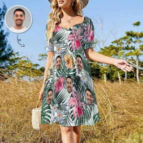 Custom Face Colorful Flowers Summer Short Sleeves Elastic Straps Dress Personalized Sundress Women's Dress