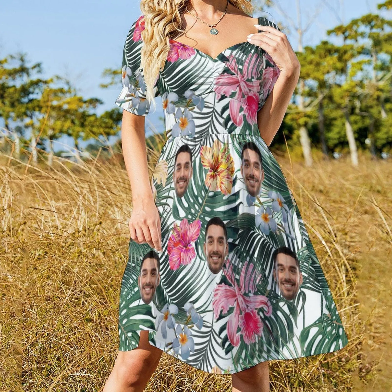 Custom Face Colorful Flowers Summer Short Sleeves Elastic Straps Dress Personalized Sundress Women's Dress