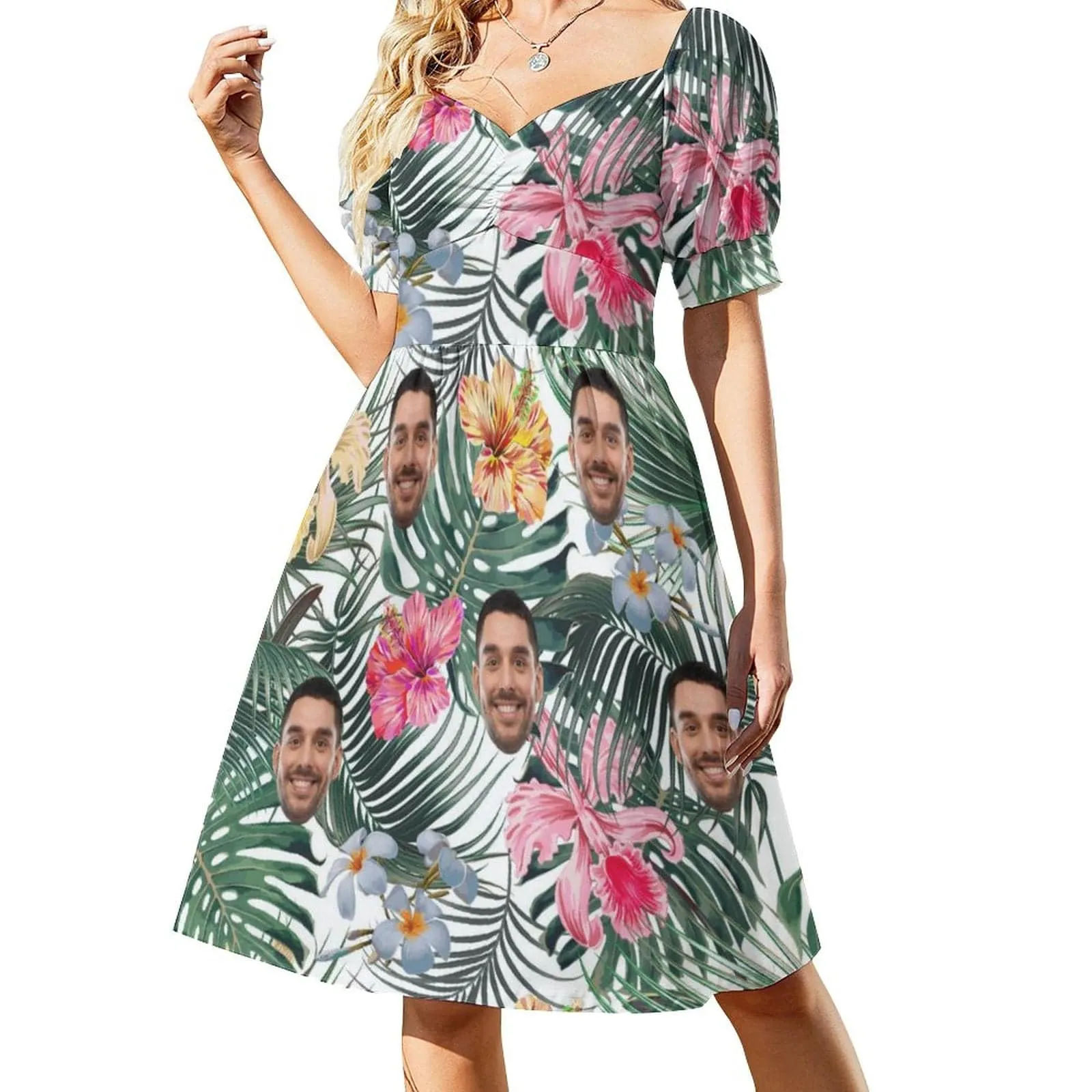 Custom Face Colorful Flowers Summer Short Sleeves Elastic Straps Dress Personalized Sundress Women's Dress