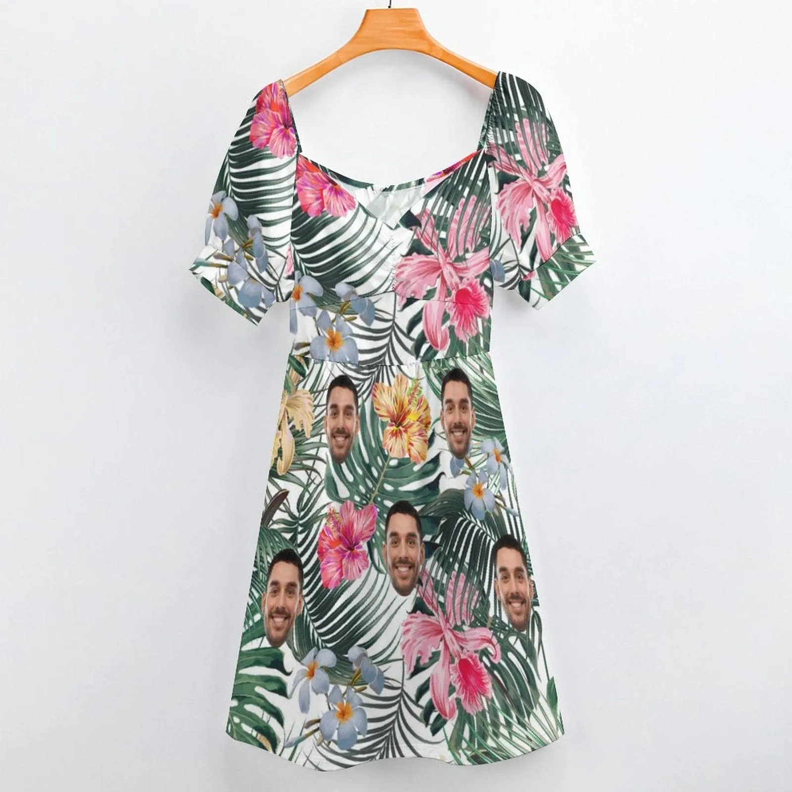 Custom Face Colorful Flowers Summer Short Sleeves Elastic Straps Dress Personalized Sundress Women's Dress