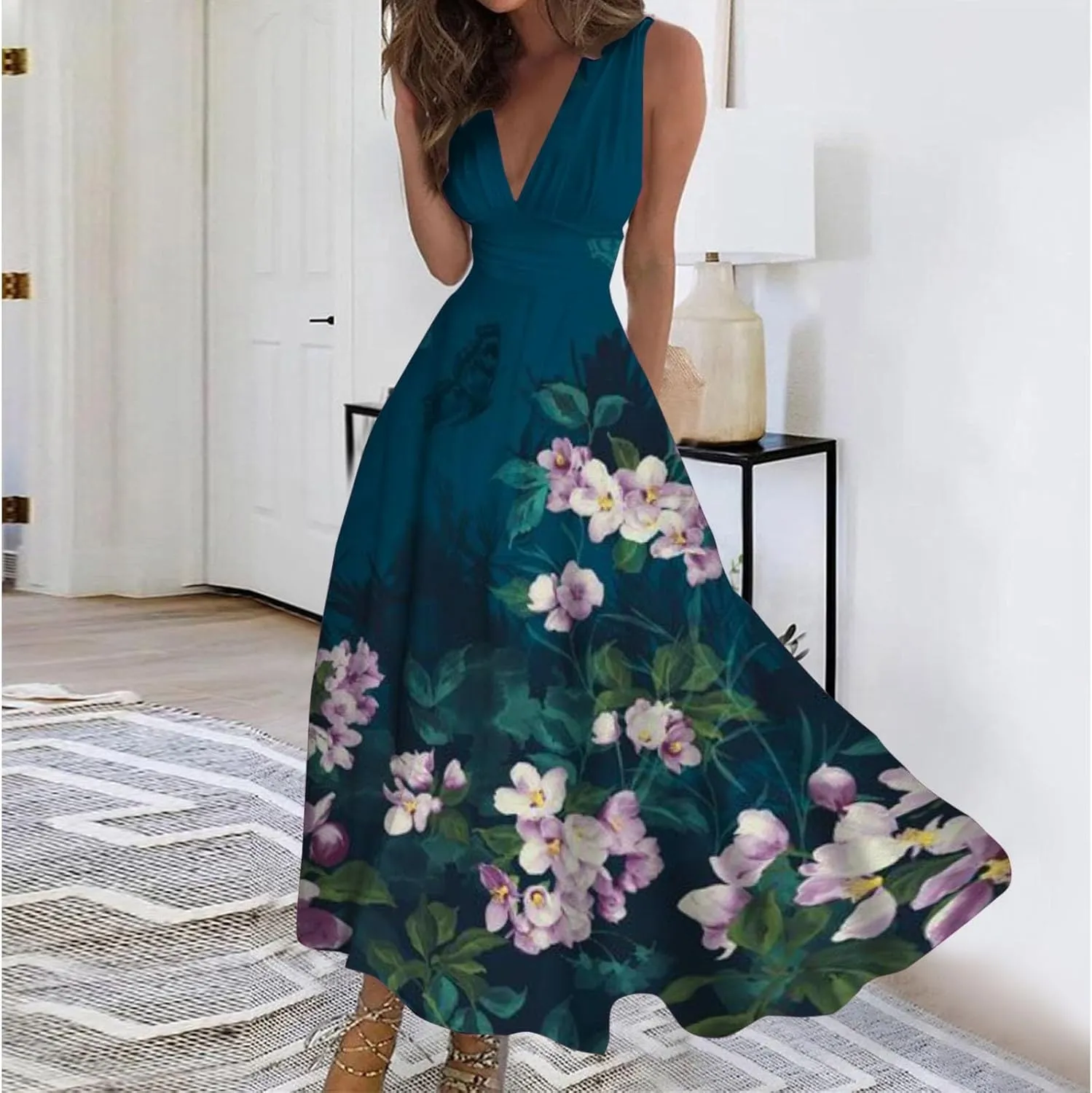Dresses for Women 2024 Casual Printed Deep V Neck Sundress Elegant High Waist Flowy Swing Maxi Dresses Summer Dress