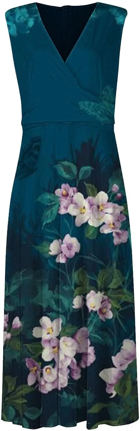 Dresses for Women 2024 Casual Printed Deep V Neck Sundress Elegant High Waist Flowy Swing Maxi Dresses Summer Dress