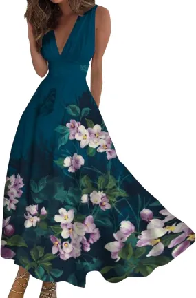 Dresses for Women 2024 Casual Printed Deep V Neck Sundress Elegant High Waist Flowy Swing Maxi Dresses Summer Dress