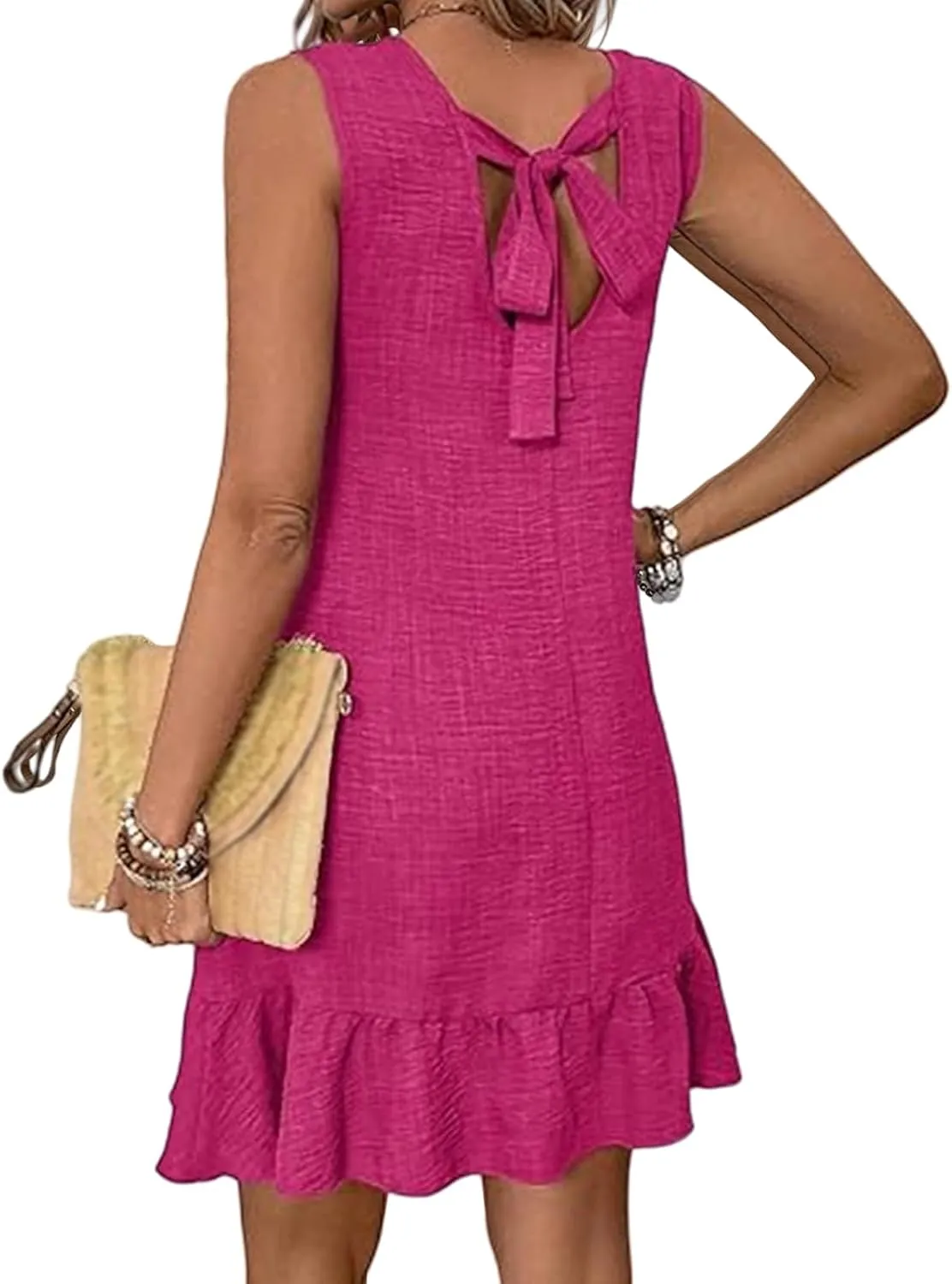 Dresses for Women 2025 Summer Sleeveless Mini Dress Round Neck Ruffle Hem Dresses Back Tie Vacation Casual Dress
