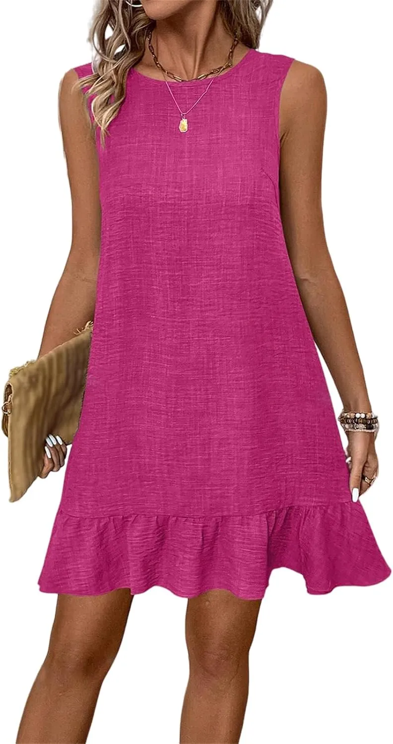 Dresses for Women 2025 Summer Sleeveless Mini Dress Round Neck Ruffle Hem Dresses Back Tie Vacation Casual Dress