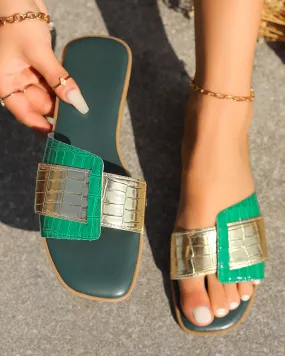 elveswallet Patent Leather Color Block Square-Toe Flat Sandals