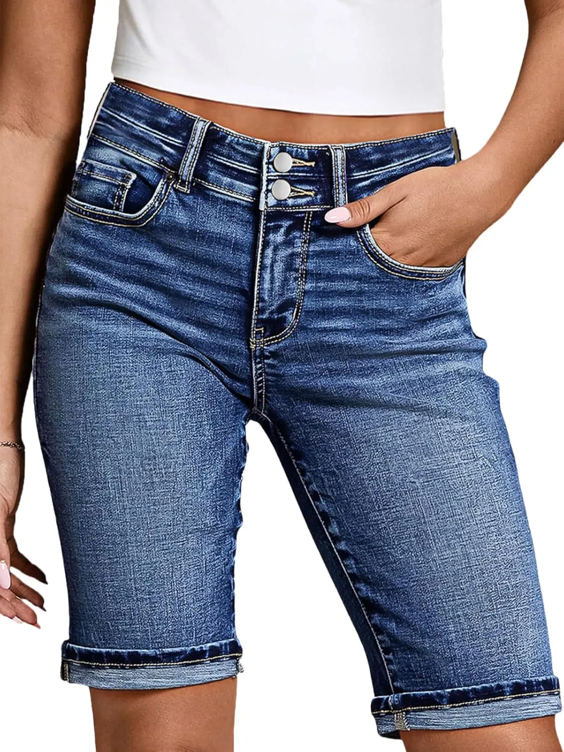 Flamingals Womens Denim Shorts Mid Rise Bermuda Summer Casual Skinny Stretchy Jean Shorts