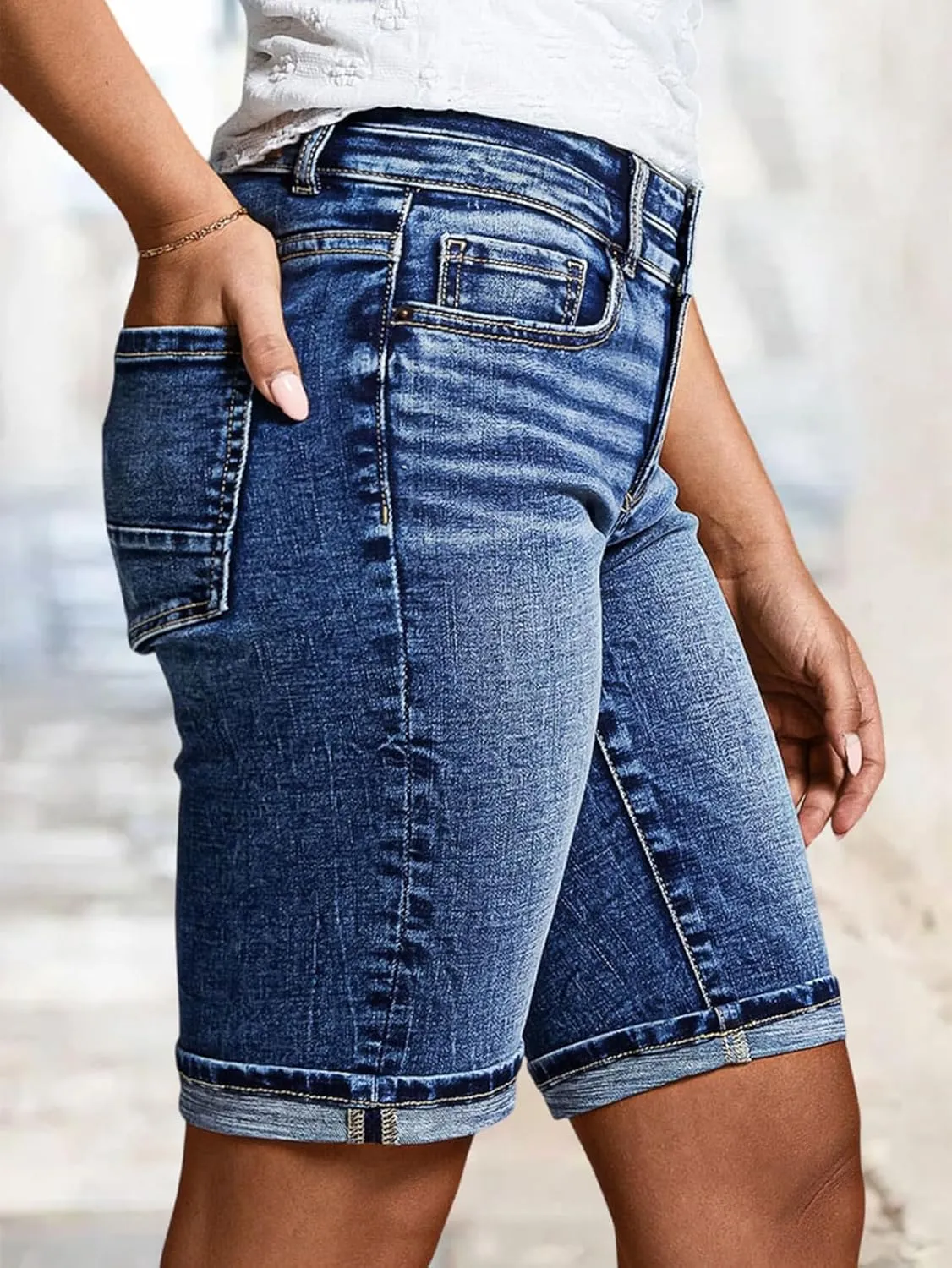 Flamingals Womens Denim Shorts Mid Rise Bermuda Summer Casual Skinny Stretchy Jean Shorts