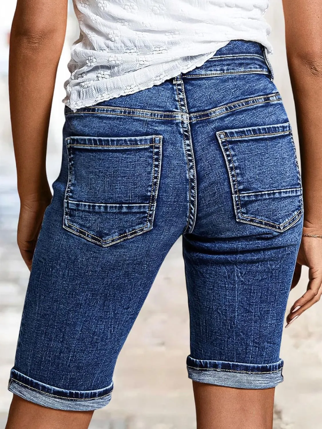 Flamingals Womens Denim Shorts Mid Rise Bermuda Summer Casual Skinny Stretchy Jean Shorts