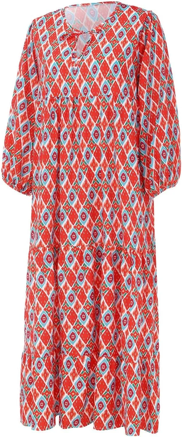Floral Dress for Women Casual V Neck Empire Waist Boho Maxi Dress Puff Sleeve Flowy Smocked Beach Dress Summer Dress