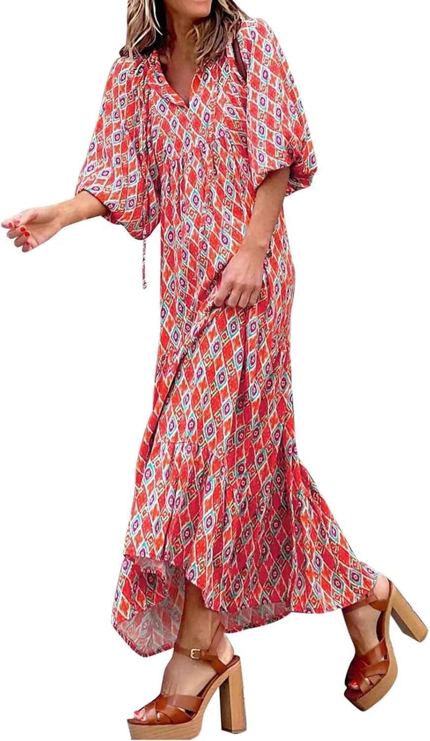 Floral Dress for Women Casual V Neck Empire Waist Boho Maxi Dress Puff Sleeve Flowy Smocked Beach Dress Summer Dress