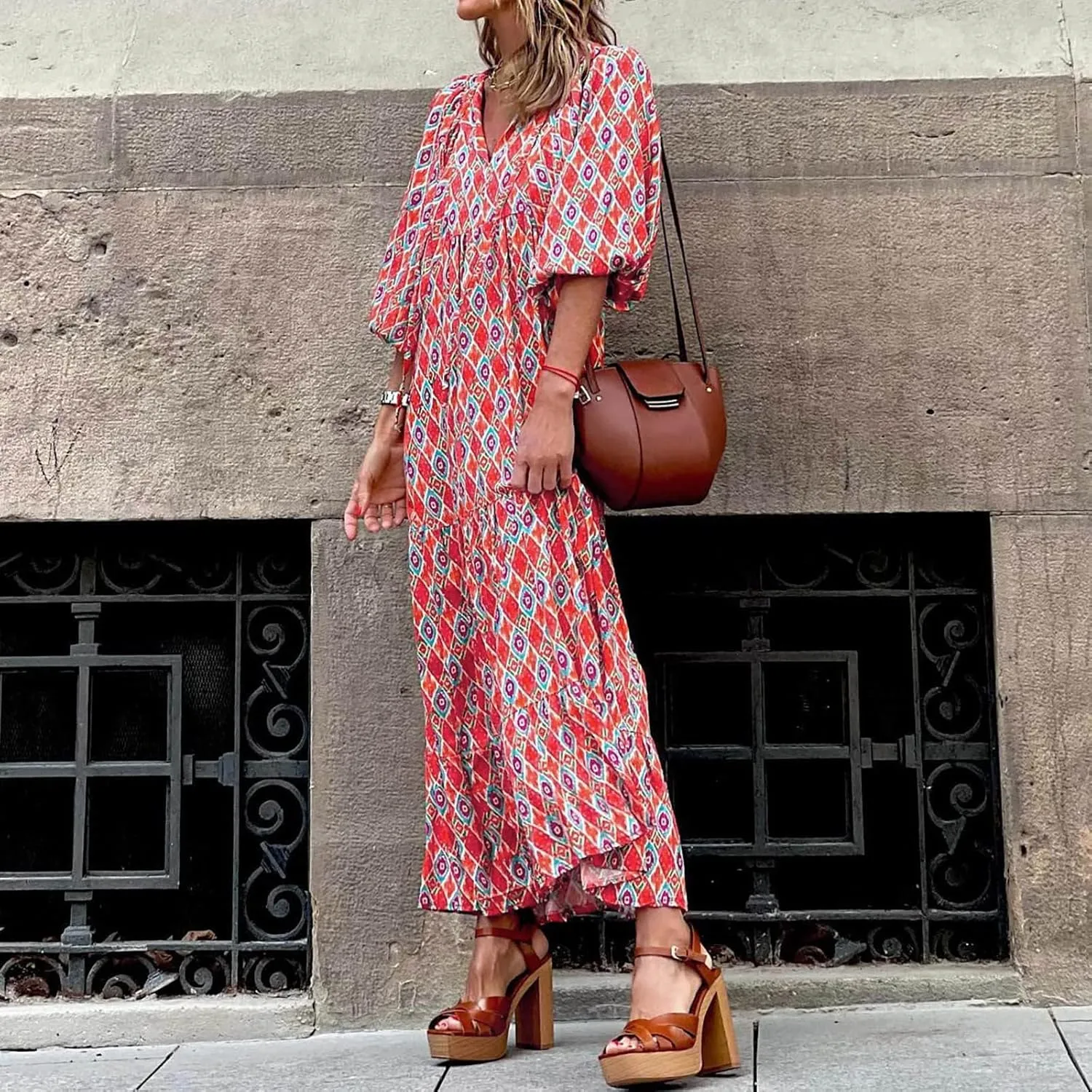 Floral Dress for Women Casual V Neck Empire Waist Boho Maxi Dress Puff Sleeve Flowy Smocked Beach Dress Summer Dress