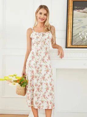 Floral Print Corset Midi Sleeveless Tie-Up Sundress Flowy A-Line Beach Casual Summer Dress
