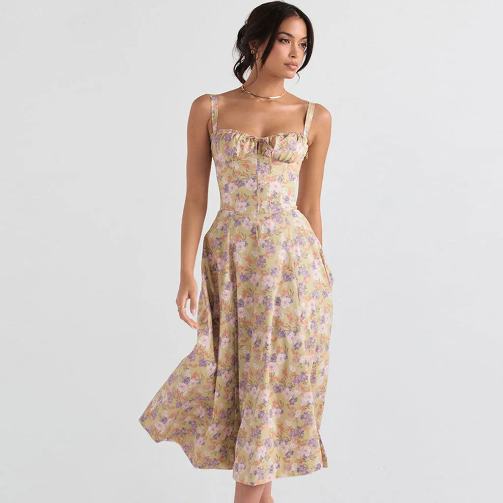 Floral Printed Lace Up Back Tie String Slit Midi Sundress - Green