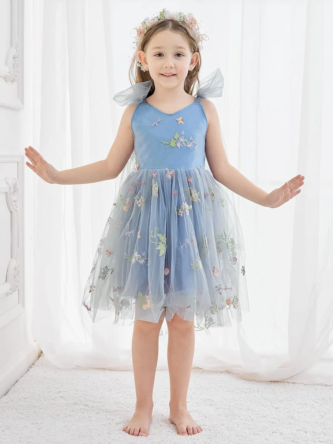 Flower Girl Dress Floral Embroidered Toddler Girls Dresses Fairy Tulle Dress for Wedding Birthday Party Photo Shoot