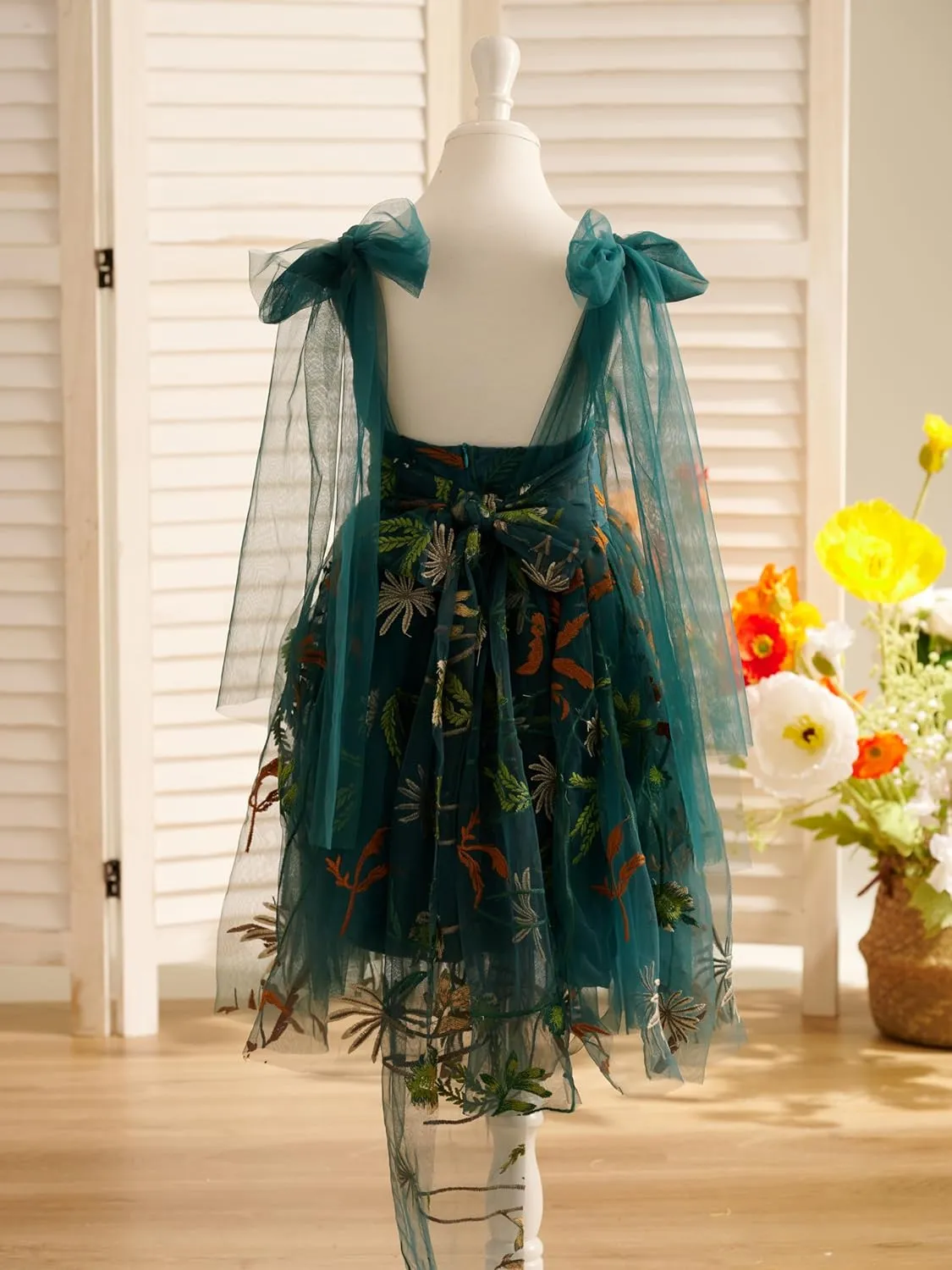 Flower Girl Dress Floral Embroidered Toddler Girls Dresses Fairy Tulle Dress for Wedding Birthday Party Photo Shoot