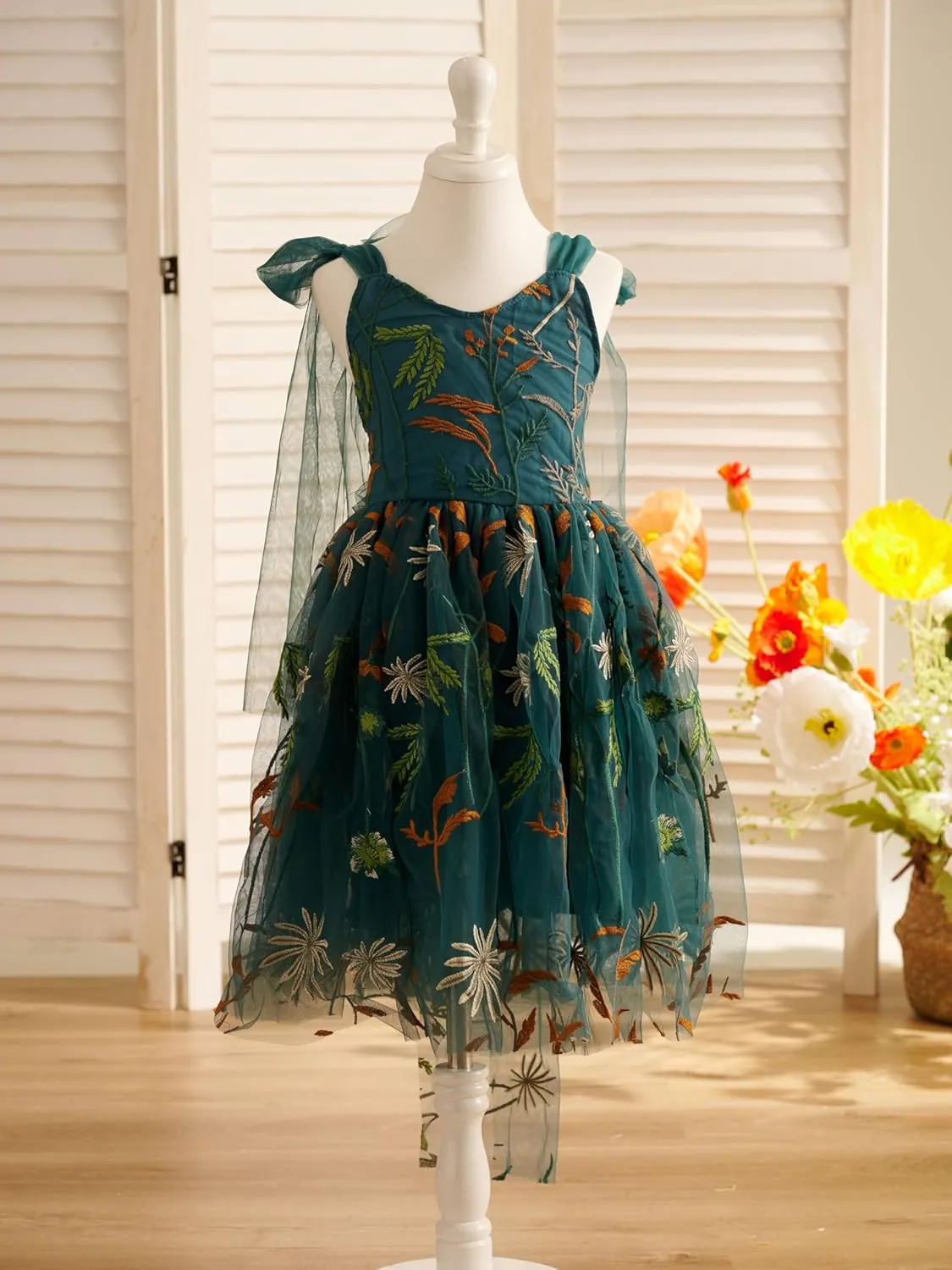 Flower Girl Dress Floral Embroidered Toddler Girls Dresses Fairy Tulle Dress for Wedding Birthday Party Photo Shoot